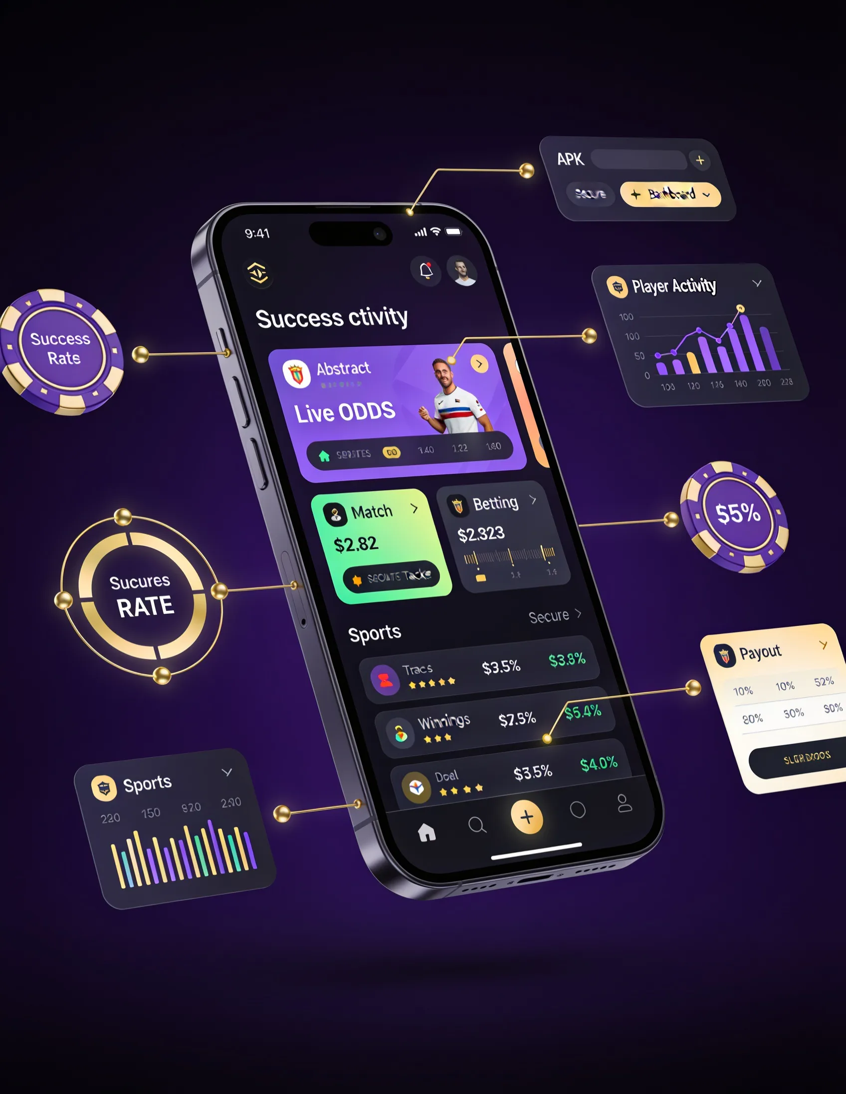 Royal purple Helabet TZ APK dashboard with phone analytics, gold data lines and app widgets